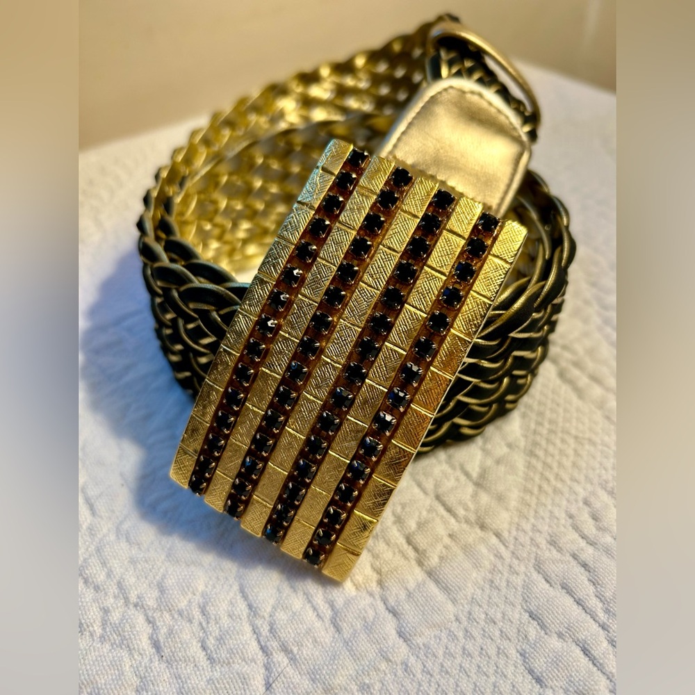 Women’s Woven Gold/Black  Statement Belt Size M Rhinestone Gold Buckle